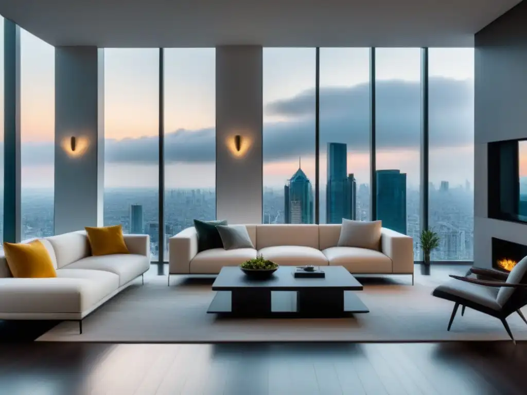 Salón moderno con vistas urbanas y diseño contemporáneo Espacioso salón moderno con vista a la ciudad, diseño contemporáneo y toques de naturaleza para encontrar la mejor hipoteca basada en ingresos