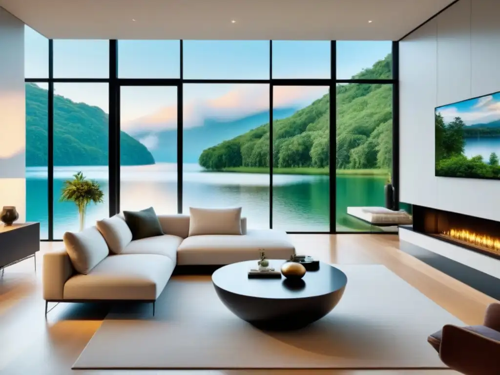 Hogar de ensueño junto al lago: diseño moderno y elegante Espacioso salón moderno con vista al lago, mobiliario elegante y luz natural, ideal para el mejor préstamo segunda vivienda