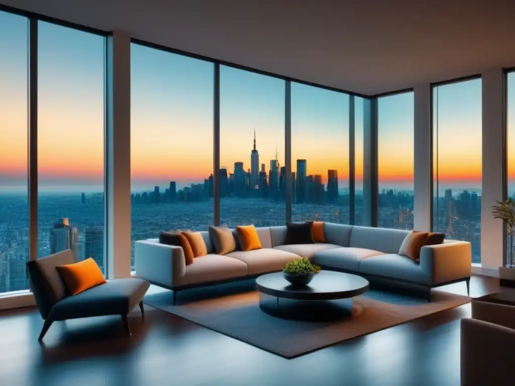 Salón moderno de lujo con vistas a la ciudad Espacioso salón moderno con vista a la ciudad, decoración elegante y luz natural