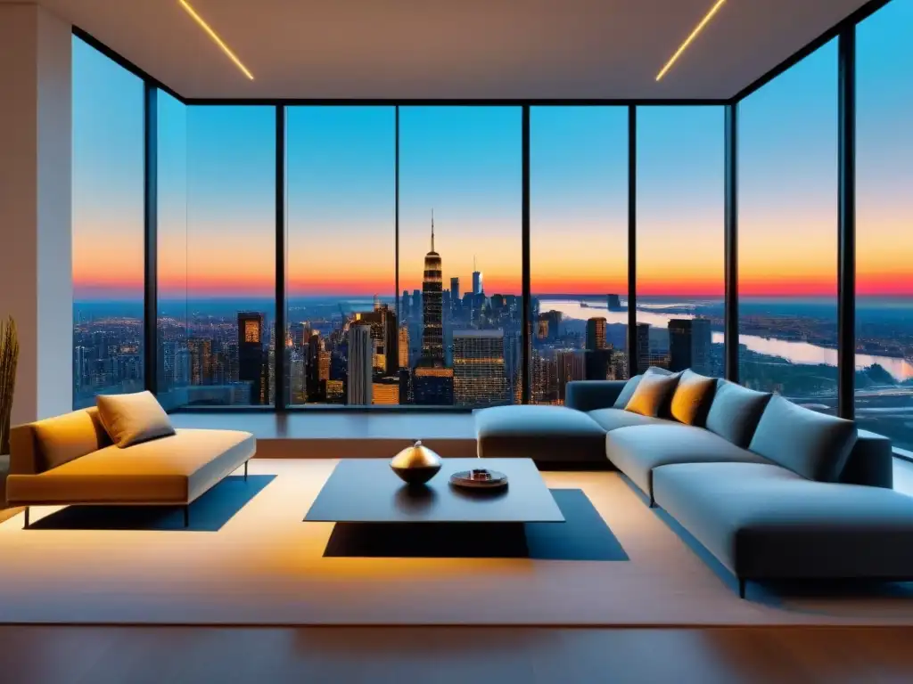 Salón moderno con vista panorámica dorada al atardecer Espacioso salón moderno con vista panorámica de la ciudad al atardecer, ideal para visitas virtuales en ventas inmobiliarias
