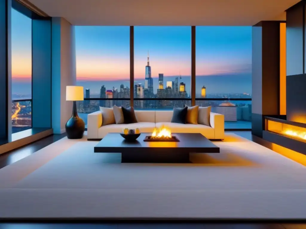 Espacioso salón moderno con vista nocturna de la ciudad, muebles elegantes y acogedora chimenea