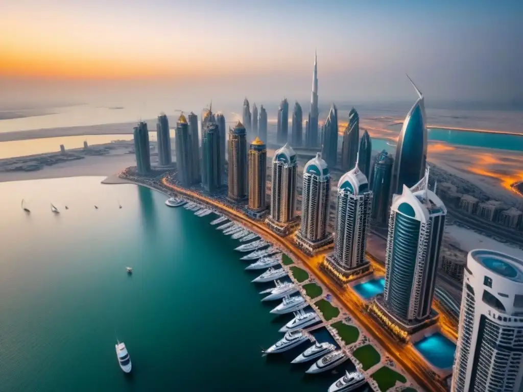 Espléndido atardecer en Dubai Marina: lujo y modernidad Un espectacular atardecer en el icónico skyline de Dubai Marina, mostrando rascacielos, yates de lujo y luces de la ciudad