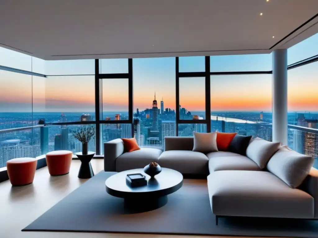 Espectacular ático moderno con vistas urbanas, muebles contemporáneos, terraza panorámica y elegante decoración