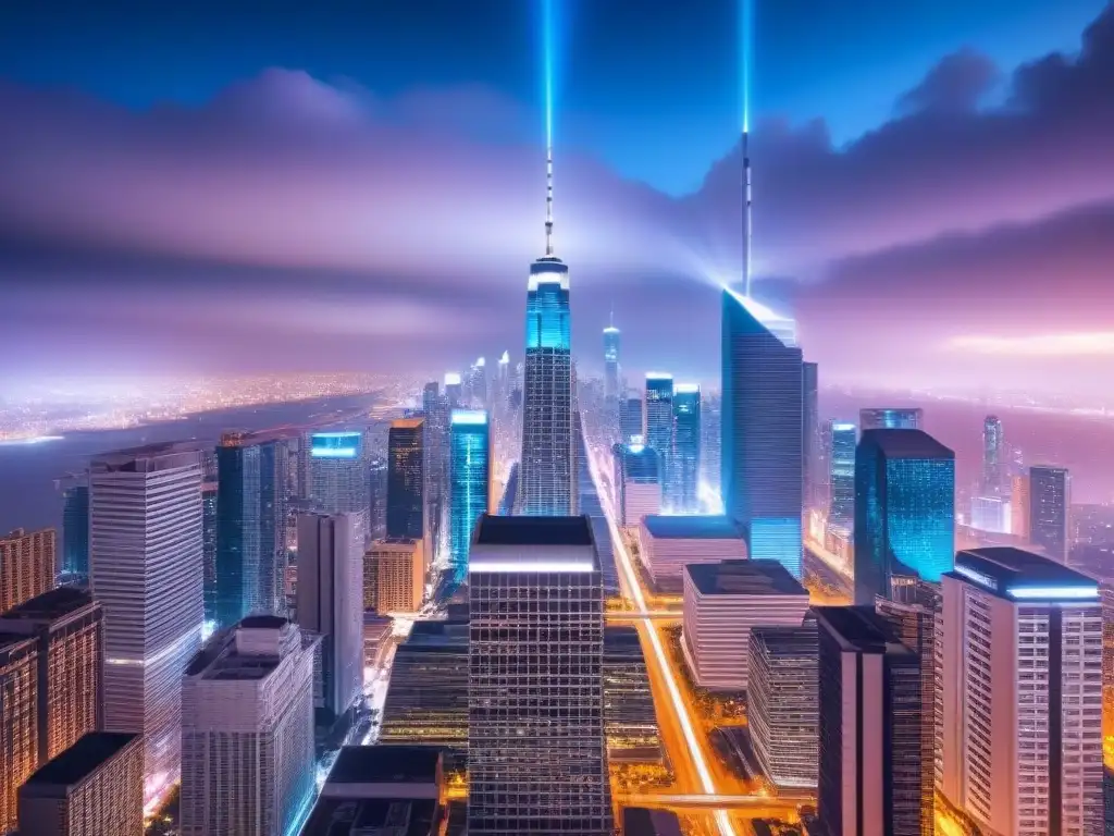Futurista ciudad nocturna: tecnología Fintech en préstamos inmobiliarios Espectacular ciudad futurista de noche con rascacielos iluminados por luces de neón y redes de datos brillantes, reflejando la revolución de Fintech préstamos inmobiliarios
