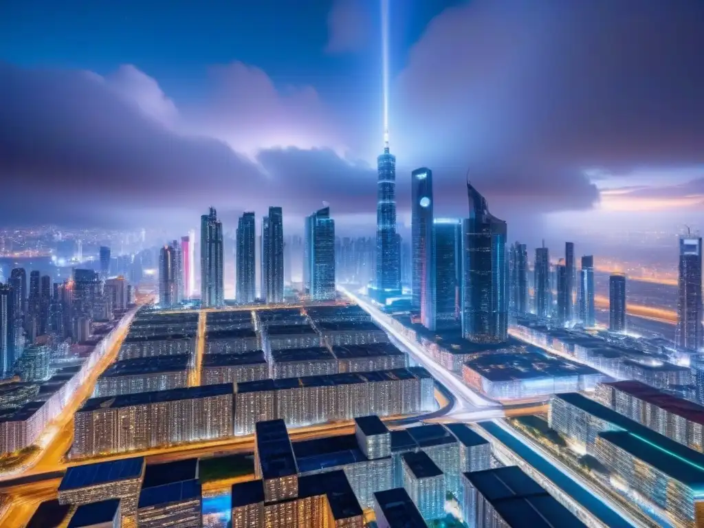 Metrópolis futurista: ciudad nocturna ultra detallada en 8k Espectacular ciudad futurista de noche con rascacielos iluminados, autos voladores y anuncios holográficos