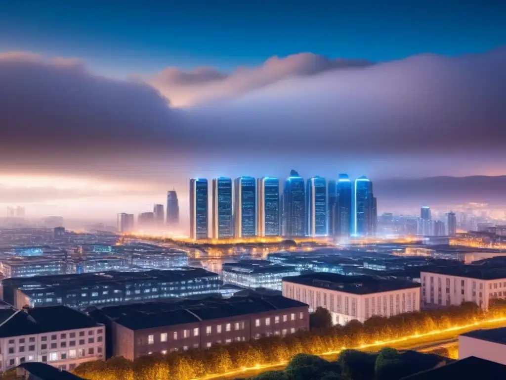Espectacular ciudad futurista con rascacielos interconectados por patrones de blockchain, reflejando la tecnología en financiamiento inmobiliario