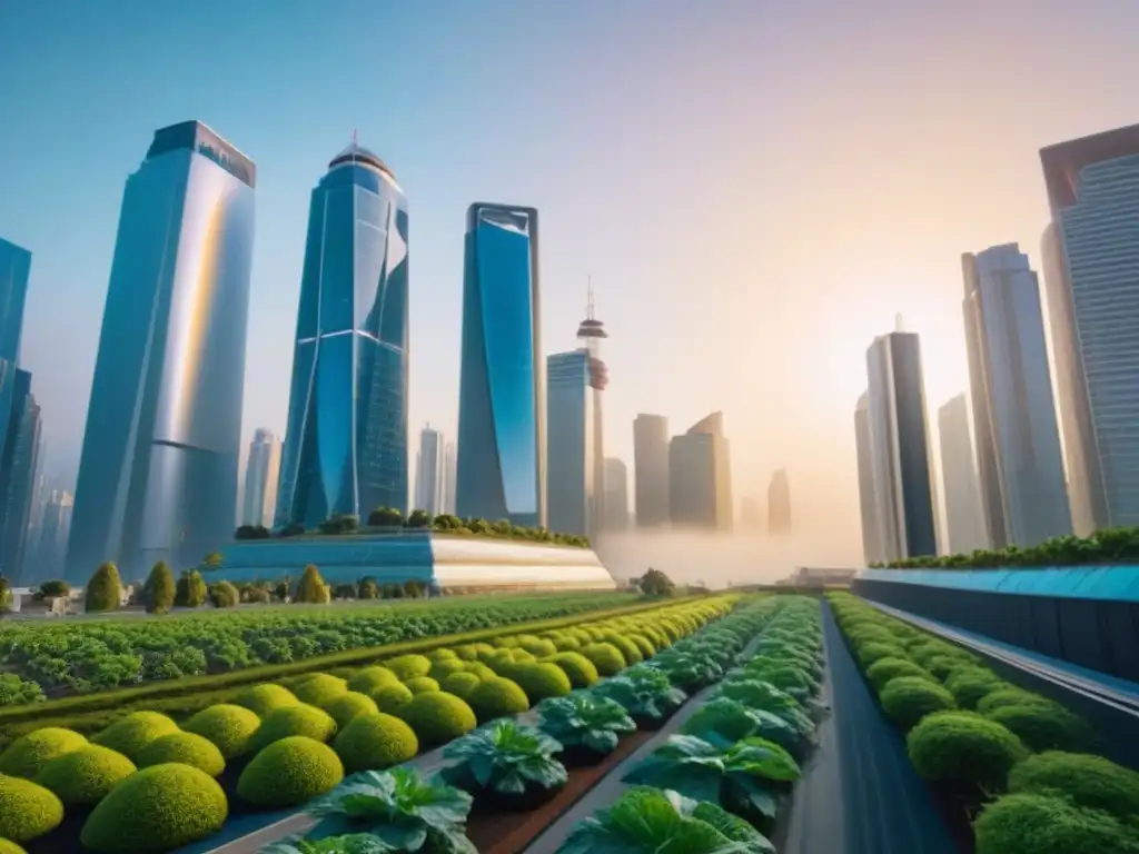 Espectacular ciudad futurista con rascacielos modernos y vegetación integrada, representando estrategias inmobiliarias postcrisis efectivas