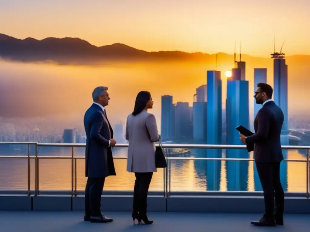Inversión inmobiliaria: abogados negociando contratos al atardecer Espectacular ciudad moderna al atardecer, reflejando el valor de la asesoría legal en compra de propiedades, abogados revisando contratos