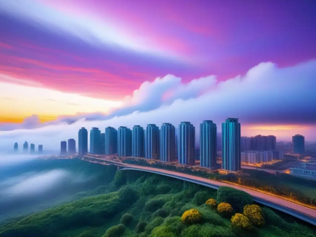 Horizonte urbano al amanecer: rascacielos brillantes en cielo colorido Espectacular ciudad moderna al amanecer, con rascacielos relucientes y un cielo colorido