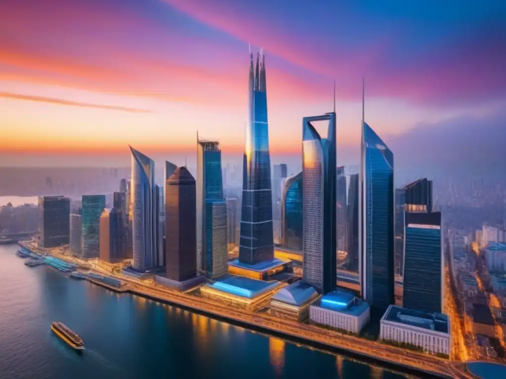 Horizonte urbano moderno: atardecer vibrante entre rascacielos iluminados Espectacular ciudad con rascacielos iluminados por la puesta de sol, reflejando prosperidad urbana
