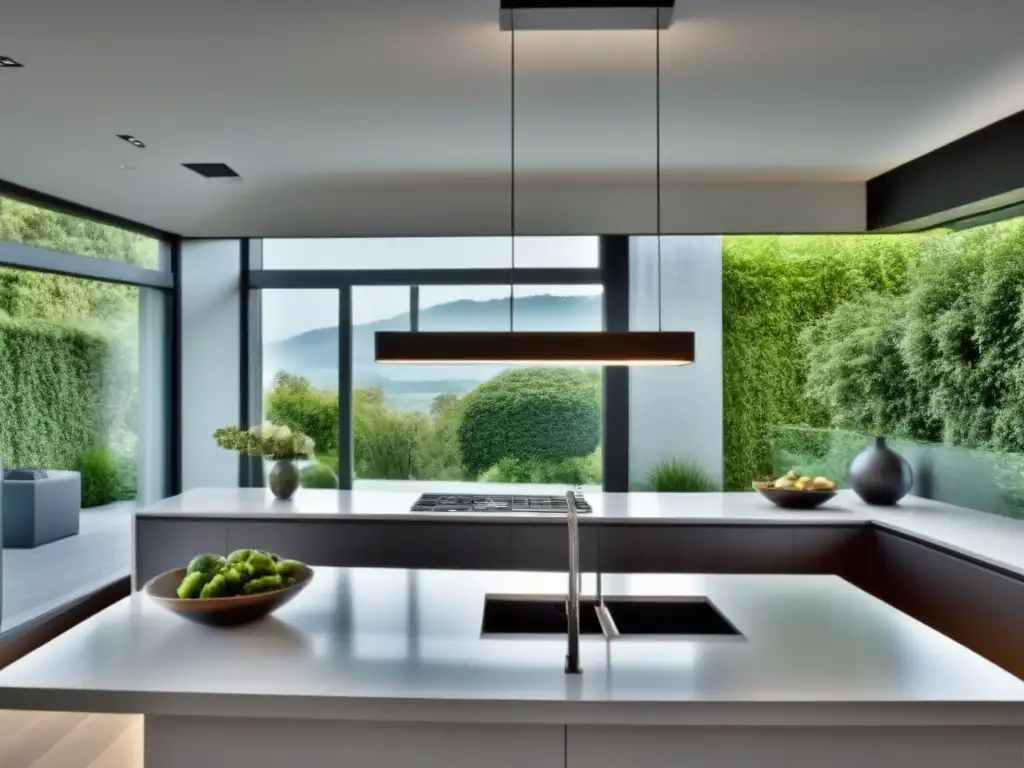 Cocina moderna de lujo con isla central y vistas al jardín Espectacular cocina moderna con isla central y vista al jardín