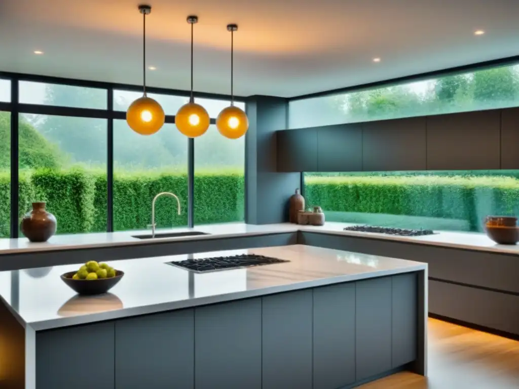 Cocina de lujo: diseño moderno con isla de mármol y jardín verde Espectacular cocina moderna con isla de mármol, elegante iluminación y vistas al jardín