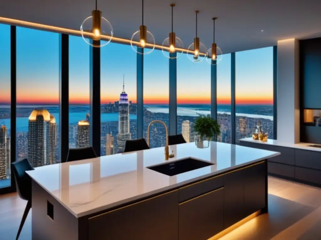 Cocina de lujo con vista urbana en alta resolución 8k Espectacular cocina moderna en lujoso ambiente inmobiliario con diseño elegante y luminoso