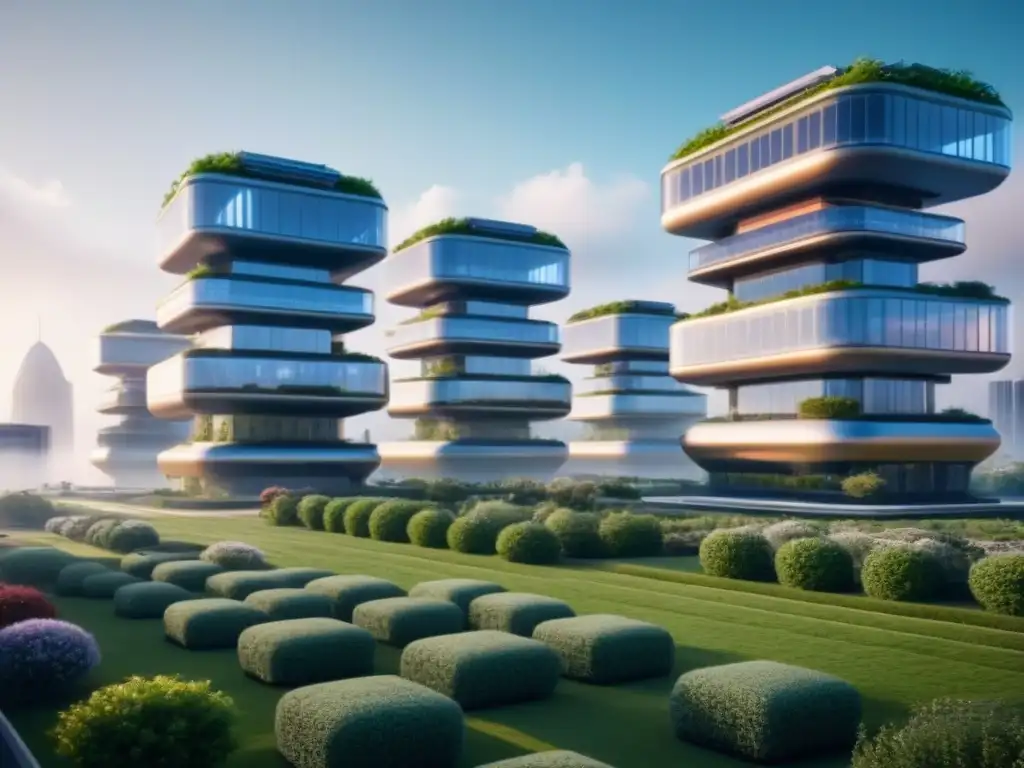Complejo residencial futurista: arquitectura innovadora en metrópolis Espectacular complejo residencial futurista con edificios de cristal reflectante que se alzan hacia el cielo