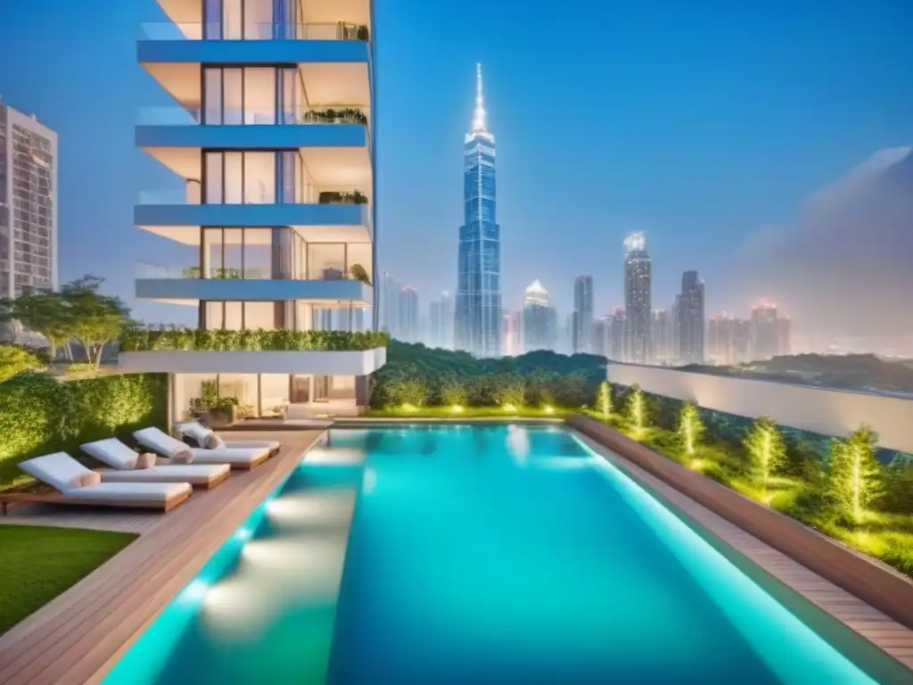 Edificio de lujo con vistas nocturnas de la ciudad y piscina reluciente Espectacular edificio de apartamentos en la ciudad, reflejando el skyline nocturno