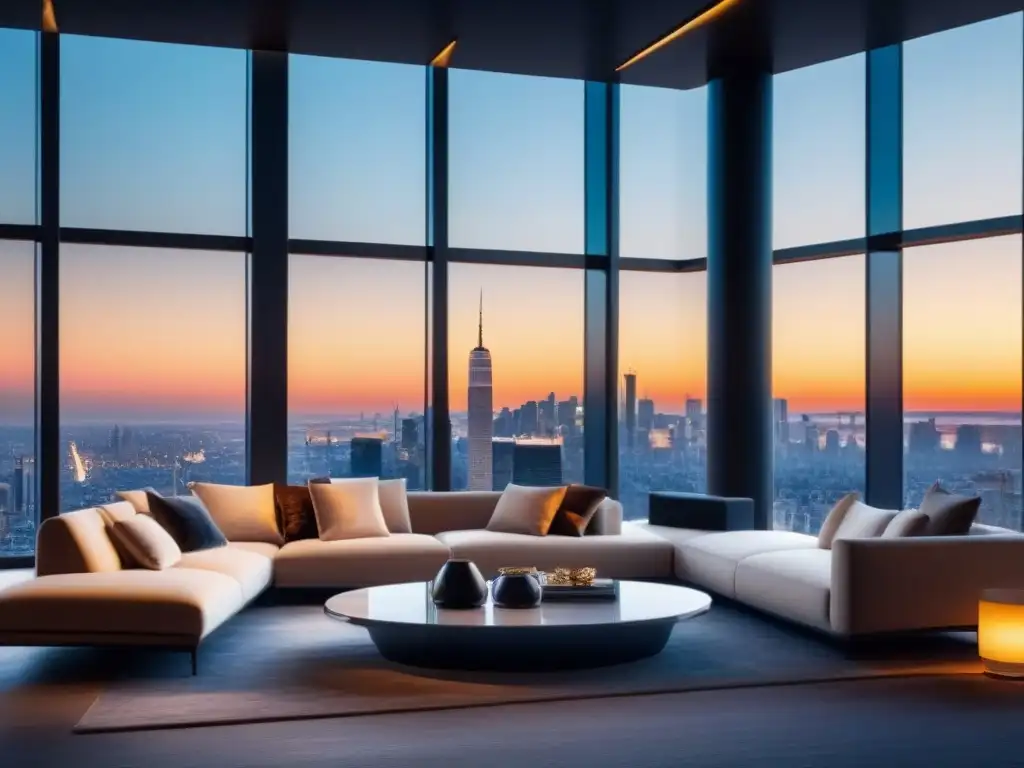 Penthouse de lujo con vista panorámica de la ciudad al atardecer Espectacular penthouse moderno con vista panorámica de la ciudad al atardecer, lujo y elegancia para marketing digital de propiedades de lujo