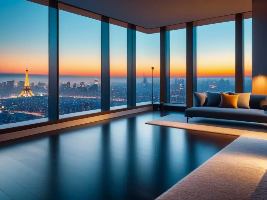 Penthouse de lujo con vista panorámica a la ciudad Espectacular penthouse moderno con vista a la ciudad desde ventanales, decoración elegante y suelos de mármol