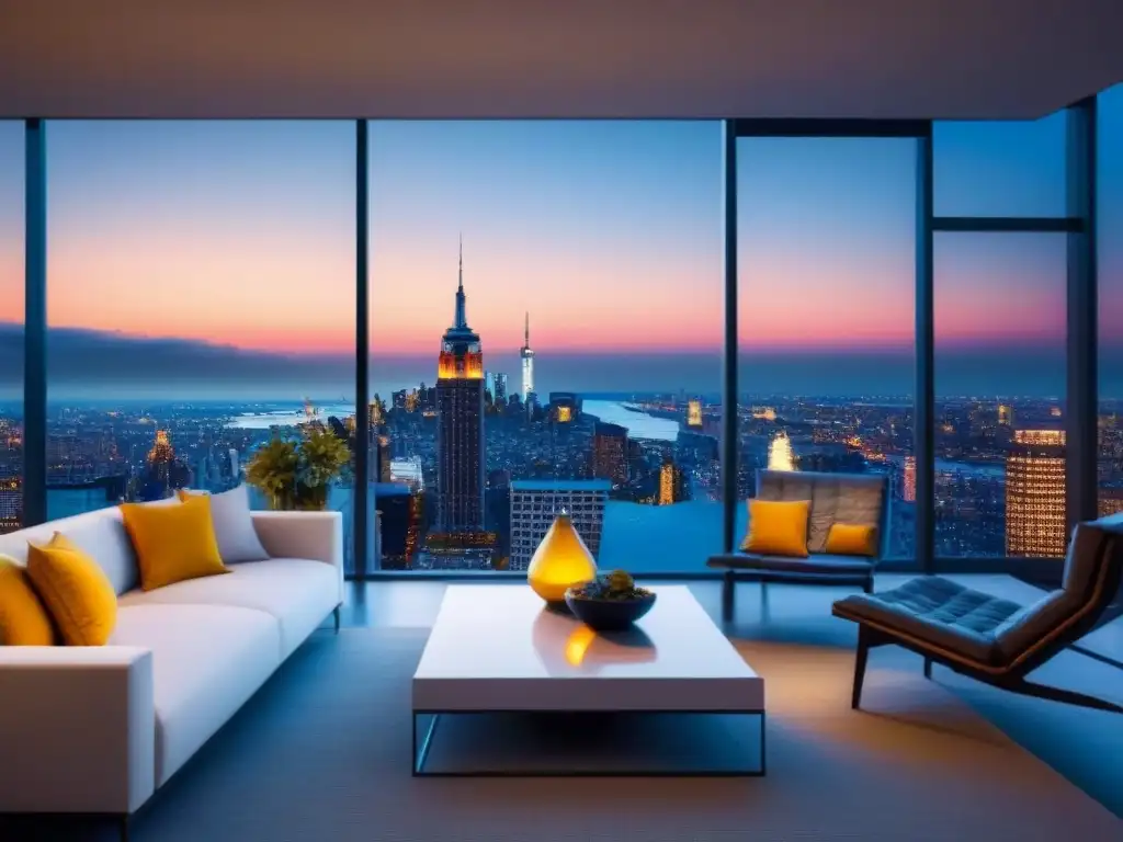 Penthouse de lujo con vista panorámica a la ciudad de noche Espectacular penthouse moderno con vista a la ciudad de noche