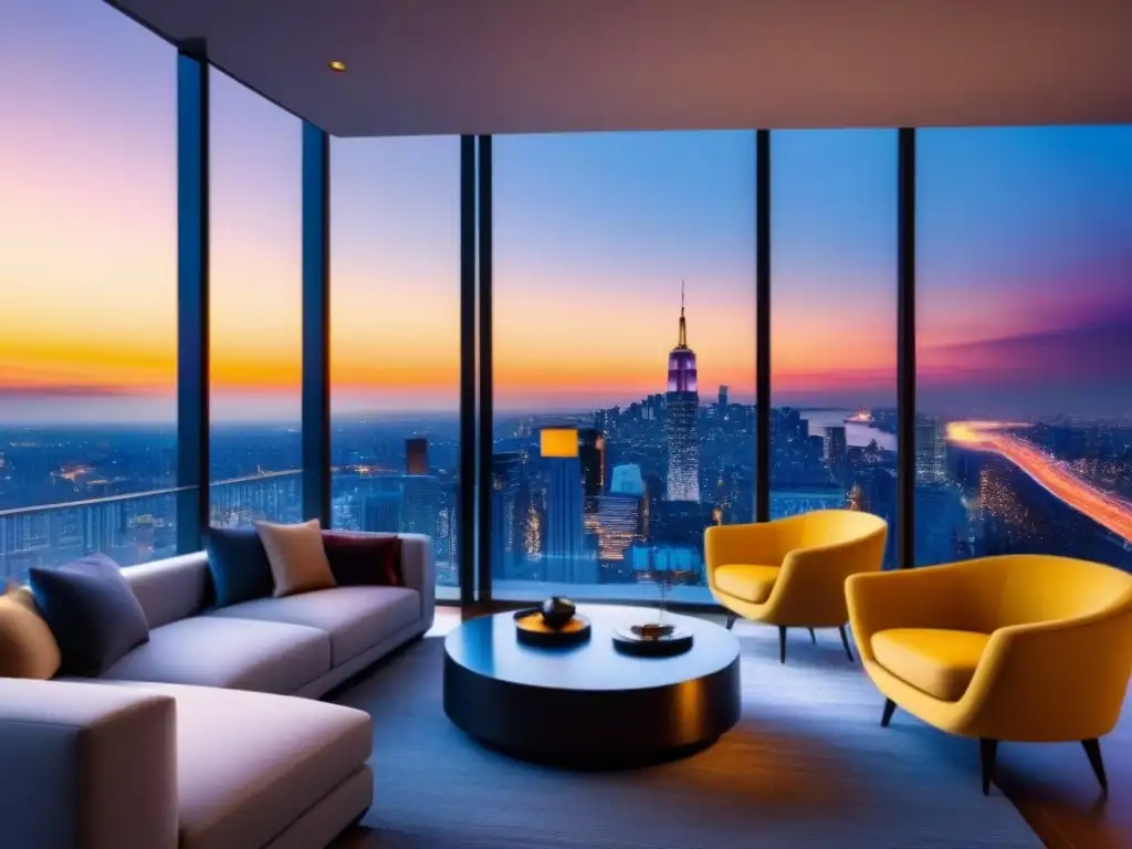 Penthouse de lujo con vista panorámica al atardecer Espectacular penthouse moderno con vista a la ciudad al atardecer
