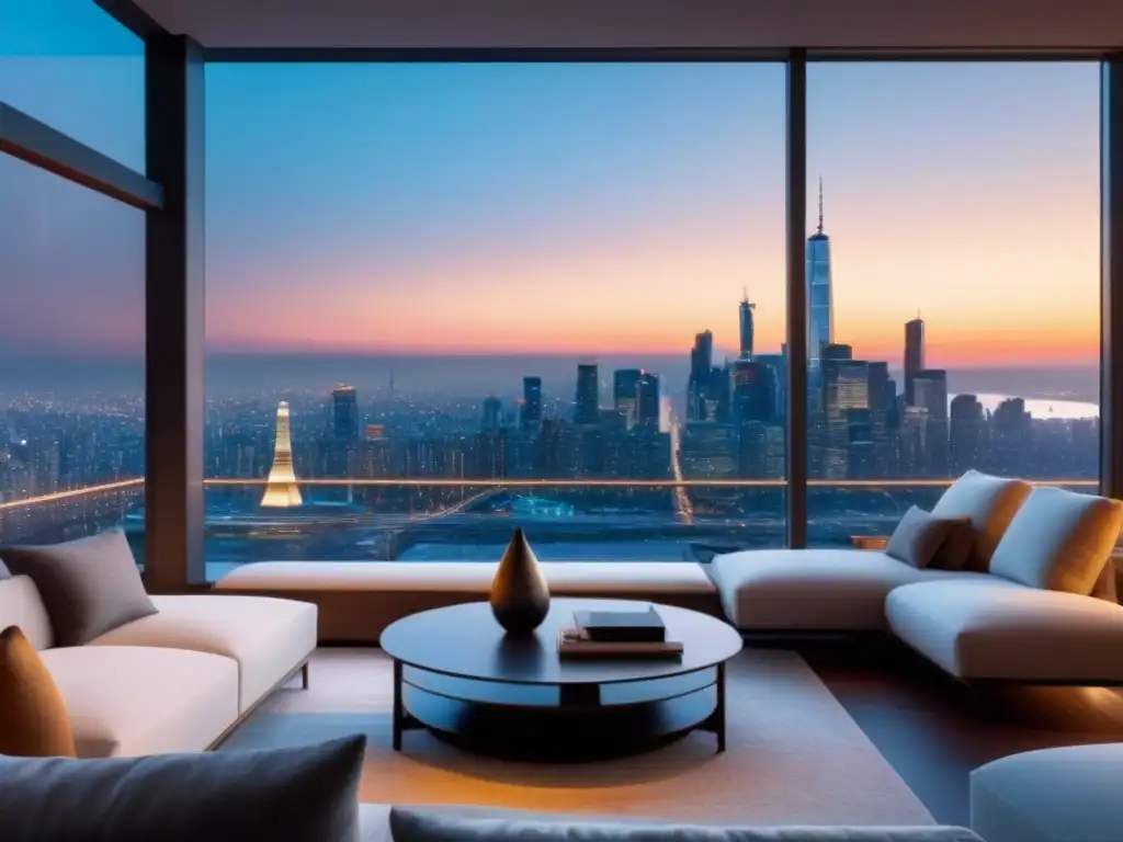 Penthouse de lujo con vista panorámica al atardecer Espectacular penthouse moderno con vista urbana al atardecer, elegante decoración y ambiente acogedor