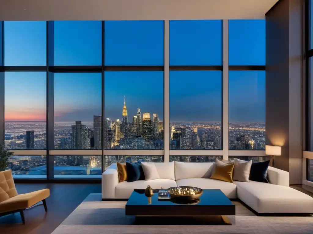 Penthouse de lujo con vista urbana al atardecer Espectacular penthouse moderno con vista a la ciudad al atardecer
