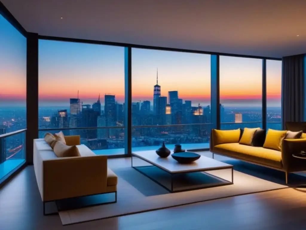 Penthouse de lujo con vista panorámica al atardecer Espectacular penthouse moderno con vista a la ciudad al atardecer