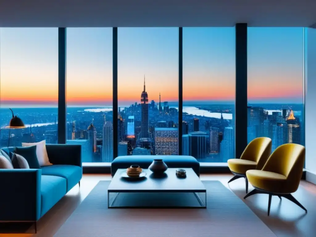 Espectacular penthouse moderno con vista panorámica de la ciudad, mobiliario contemporáneo y diseño elegante en tonos neutros