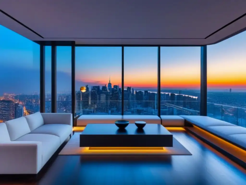 Penthouse de lujo con vista panorámica de la ciudad al atardecer Espectacular penthouse moderno con vista panorámica de la ciudad al atardecer