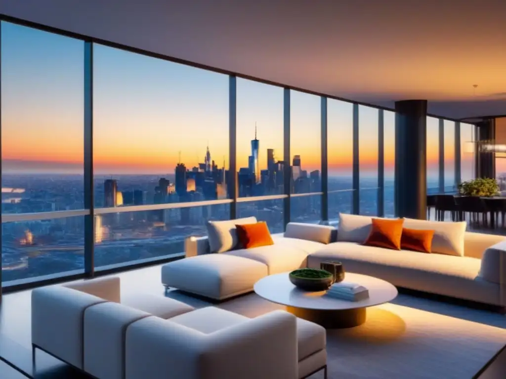 Penthouse moderno de lujo con vistas a la ciudad al atardecer Espectacular penthouse moderno con vista urbana al atardecer, diseño elegante y lujoso para Marketing Multicanal Propiedades Lujo