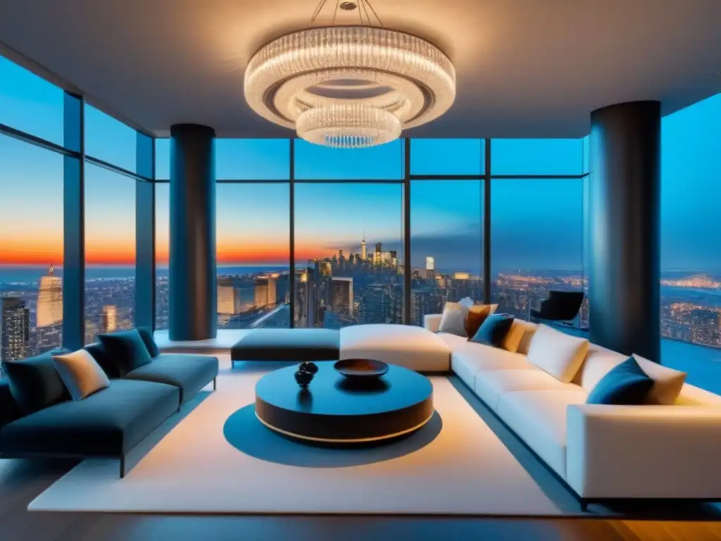 Penthouse de lujo: ventanales, skyline y elegancia urbana Espectacular penthouse moderno con vista a la ciudad, muebles elegantes y toques metálicos