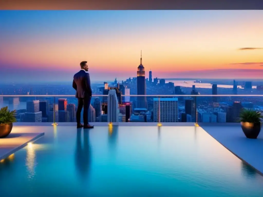 Penthouse de lujo con vistas a la ciudad al atardecer Espectacular penthouse moderno con vista a la ciudad al atardecer y diseño interior de lujo
