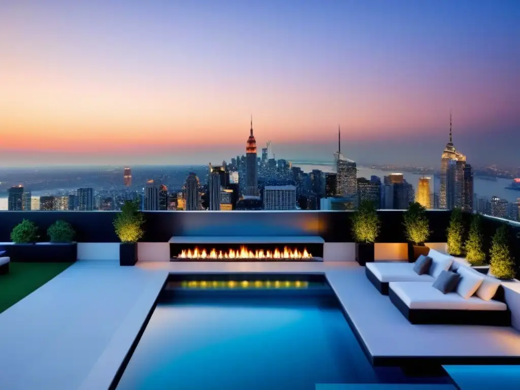 Ático de lujo con vistas a la ciudad al atardecer Espectacular penthouse moderno con vistas a la ciudad al atardecer, decorado lujosamente