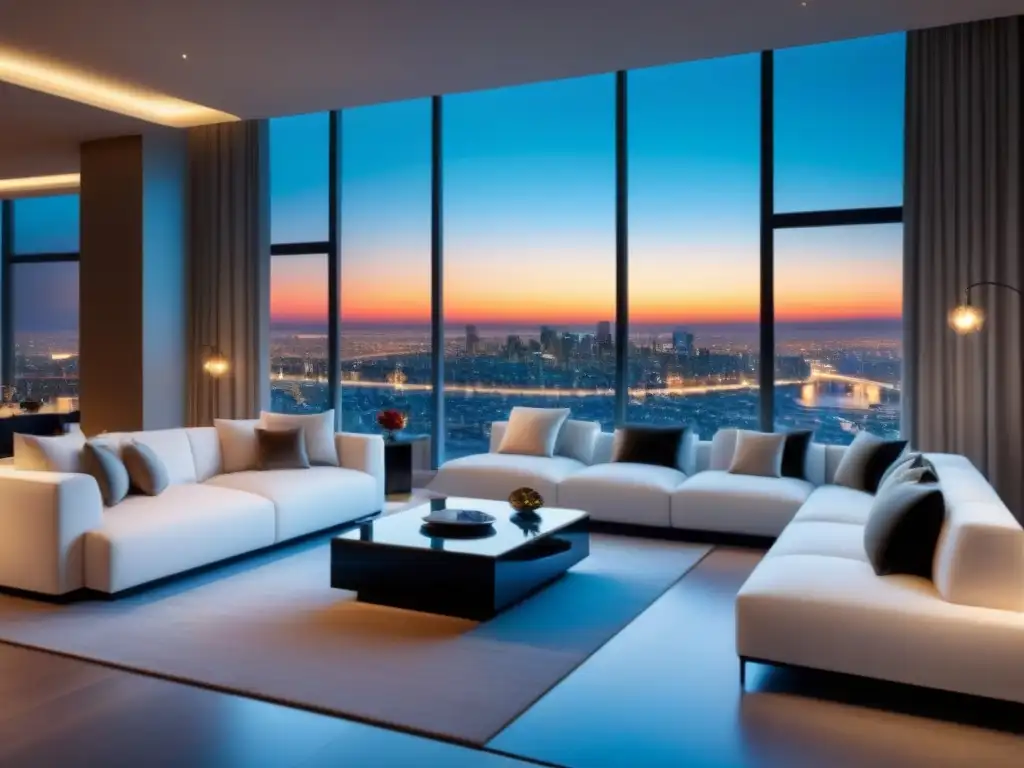 Penthouse de lujo: panorámica nocturna de la ciudad Espectacular penthouse moderno con vistas panorámicas de la ciudad de noche