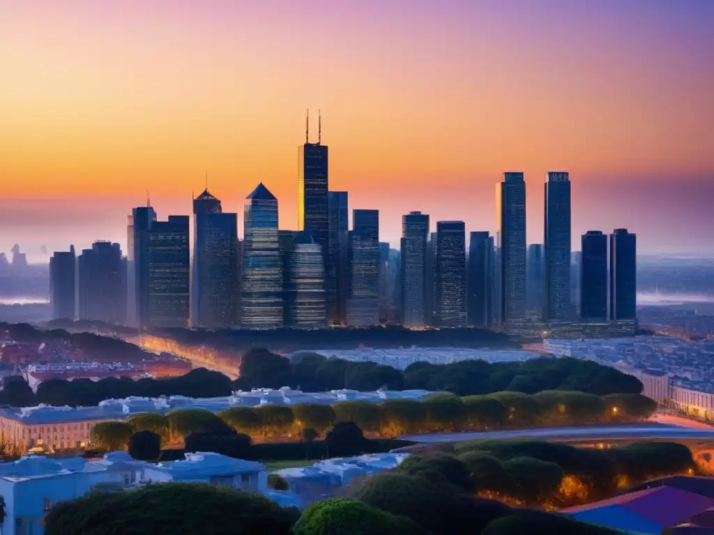 Espléndido rascacielos de cristal en ciudad vibrante Espectacular rascacielos de cristal con vista panorámica de la ciudad al atardecer