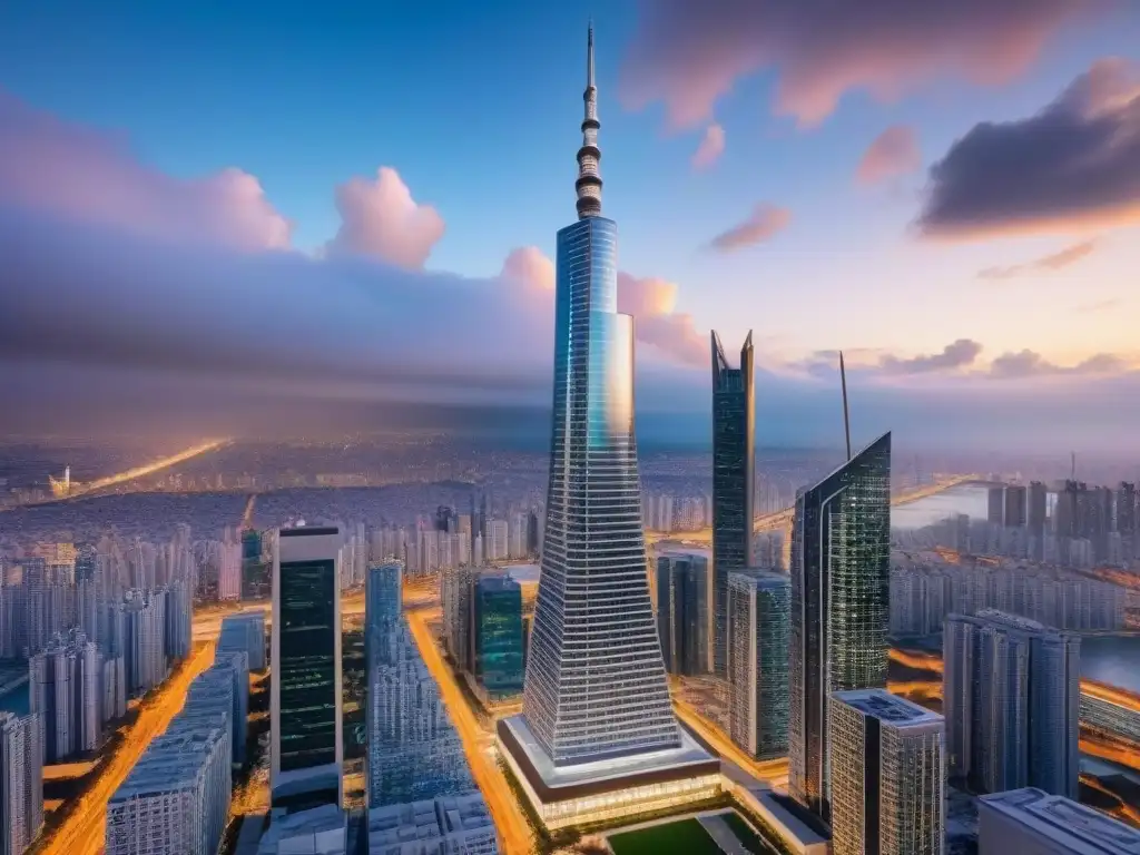 Espectacular rascacielos futurista en metrópolis vibrante Espectacular rascacielos futurista en una ciudad vibrante