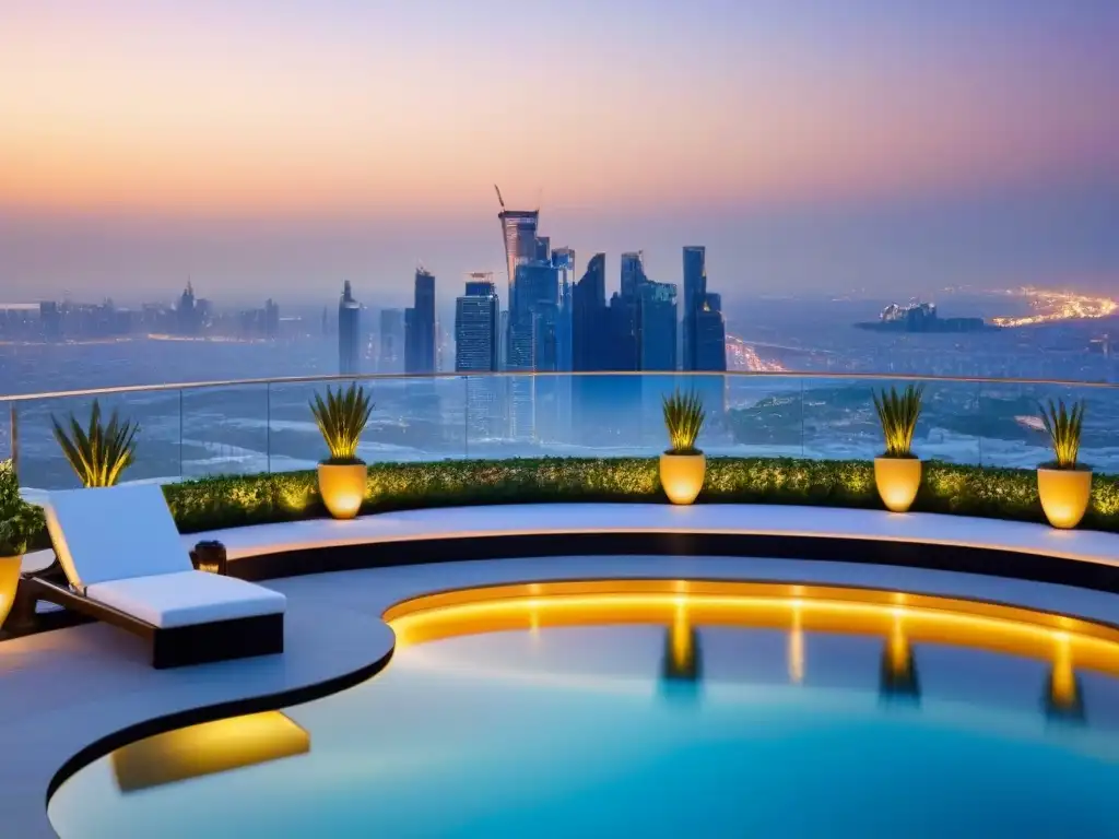 Rascacielos de lujo con piscina en la azotea al atardecer Espectacular rascacielos de lujo con piscina en la azotea, rodeado de jardines exóticos y helipuerto