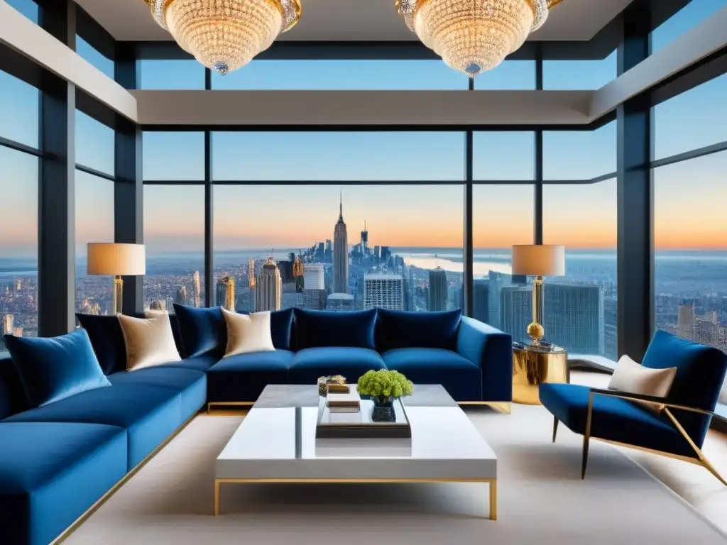 Salón de lujo con vistas de ensueño en penthouse moderno Espectacular sala de estar en ático moderno con vista a la ciudad