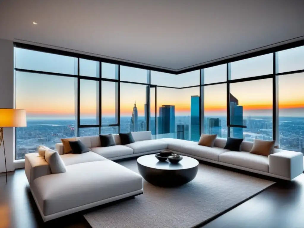 Salón de lujo con vista a la ciudad: modernidad y tecnología fusionadas Espectacular sala de estar en ático con vista a la ciudad y Realidad Virtual integrada en el marketing inmobiliario