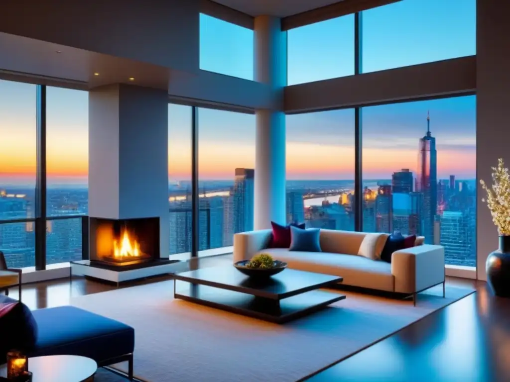 Salón penthouse de lujo con vista a la ciudad en tonos neutros y joya Espectacular sala de estar en ático con vista a la ciudad, muebles modernos y decoración elegante