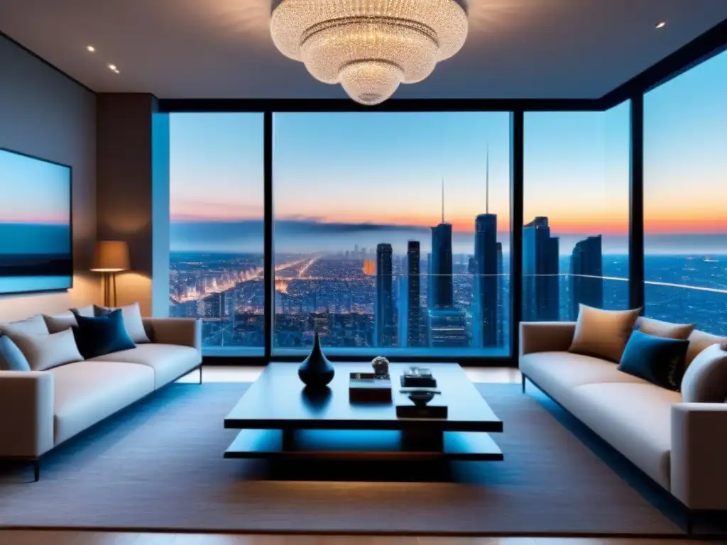 Salón de lujo contemporáneo: diseño y sofisticación en propiedad exclusiva Espectacular sala de estar contemporánea en propiedad de lujo con vista a la ciudad