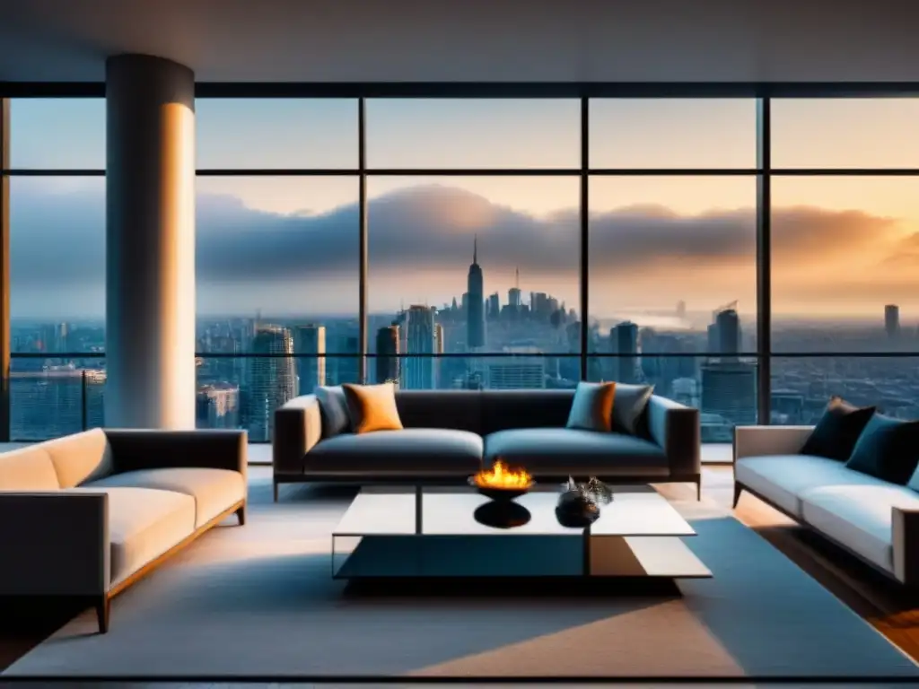 Elegante sala de estar en penthouse de lujo con vistas a la ciudad Espectacular sala de estar de lujo en un ático con vista a la ciudad, decoración elegante y chimenea, ideal para errores gestión propiedades lujo