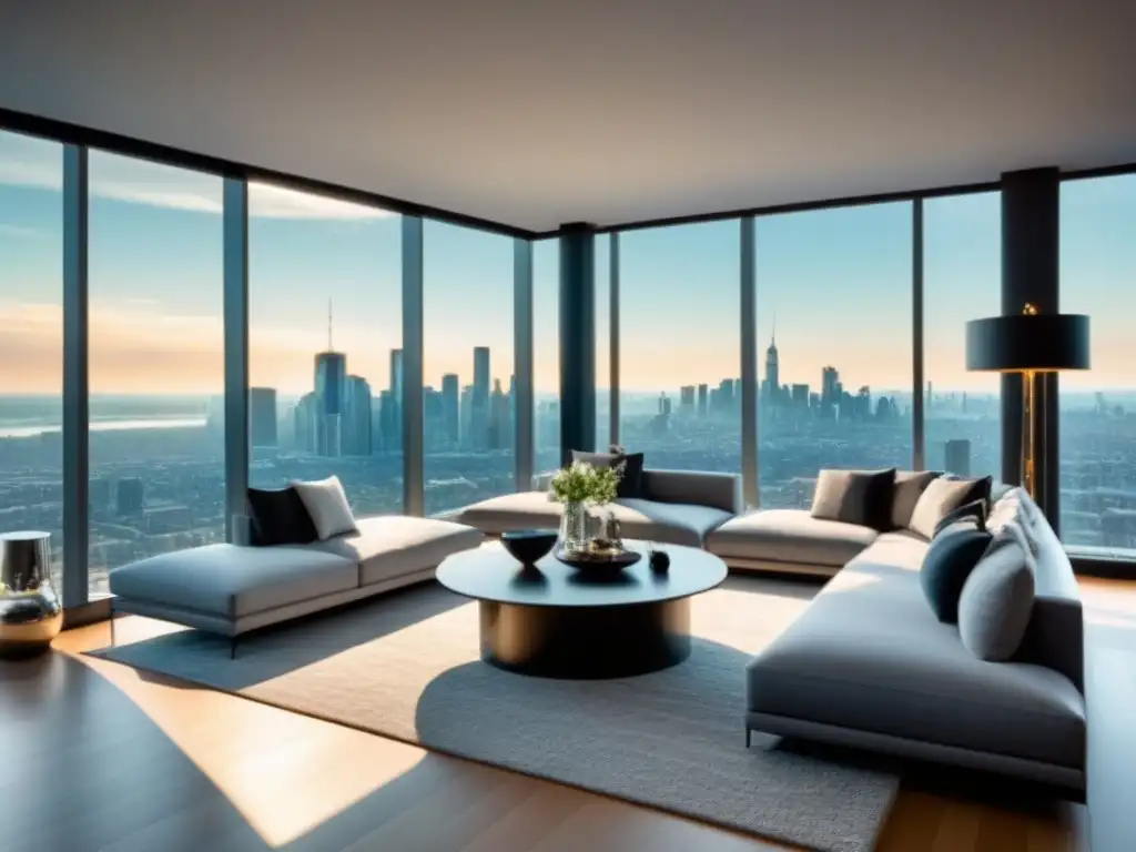 Salón de lujo con vistas a la ciudad: diseño contemporáneo Espectacular sala de estar de lujo en penthouse moderno con vista panorámica de la ciudad