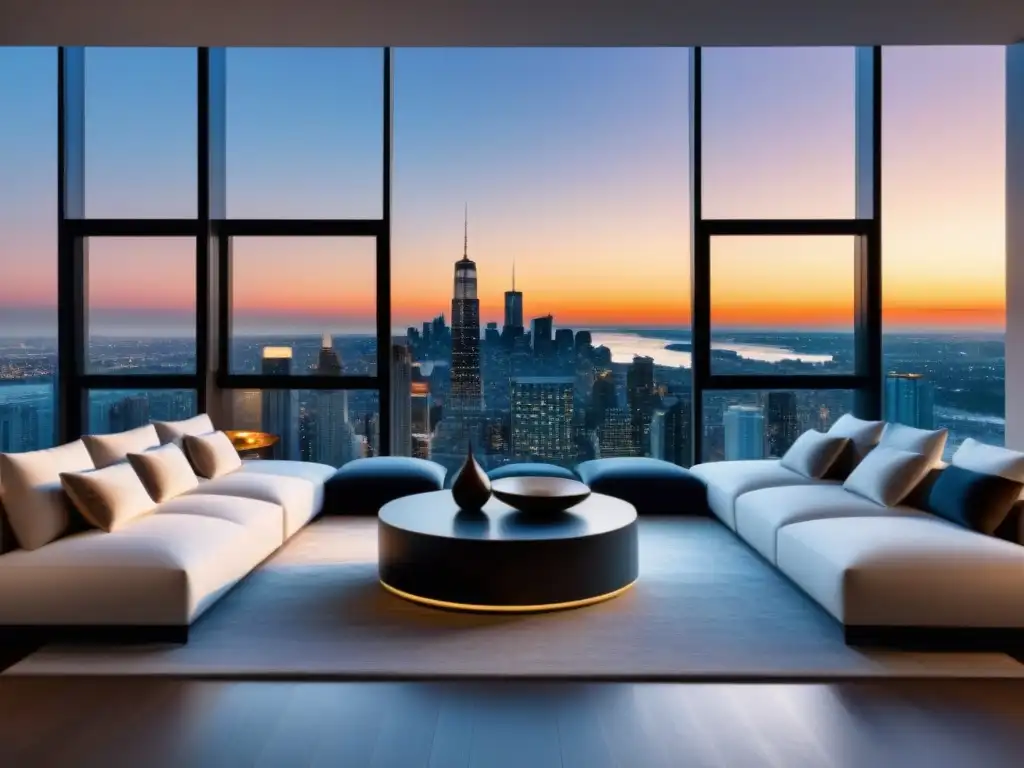 Salón de lujo con vista panorámica al atardecer Espectacular sala de estar de lujo en propiedad inmobiliaria de alta gama, con técnicas persuasivas comprador inmobiliario