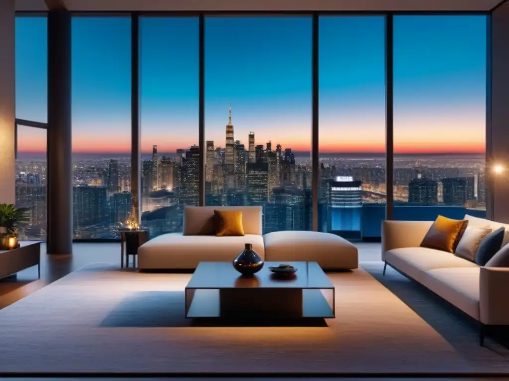 Salón moderno de lujo con vista nocturna de la ciudad Espectacular sala de estar de lujo con vista nocturna a la ciudad, ideal para refinanciar inmuebles de lujo en las mejores condiciones