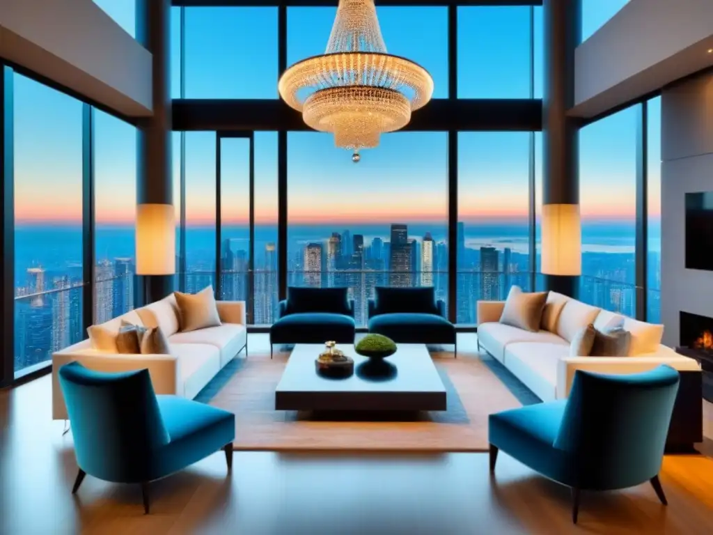 Sala de estar de lujo con vista panorámica y diseño contemporáneo Espectacular sala de estar de lujo con vistas a la ciudad y decoración contemporánea