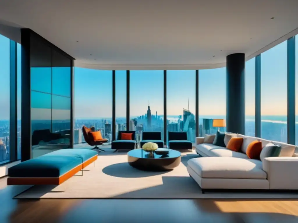 Sofisticada sala de estar en un apartamento de lujo con vista a la ciudad Espectacular sala moderna en un apartamento de lujo con vista a la ciudad, mobiliario elegante y arte contemporáneo