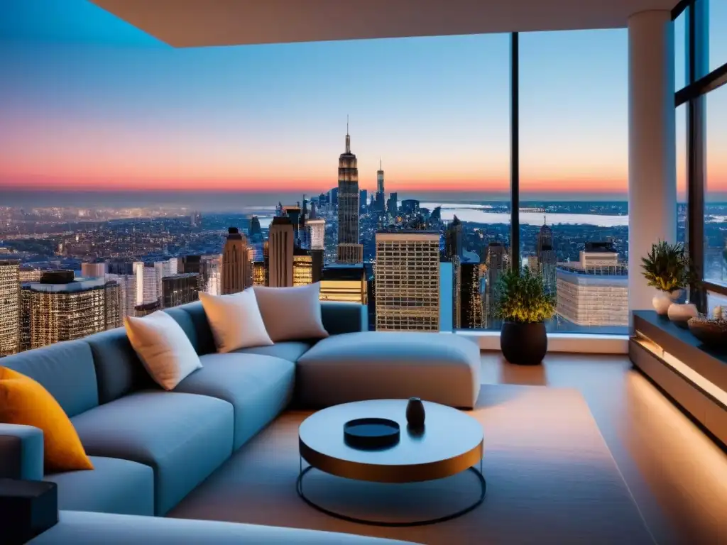 Salón moderno en rascacielos con vista urbana al atardecer Espectacular sala de estar moderna en un apartamento de lujo con vista urbana al anochecer