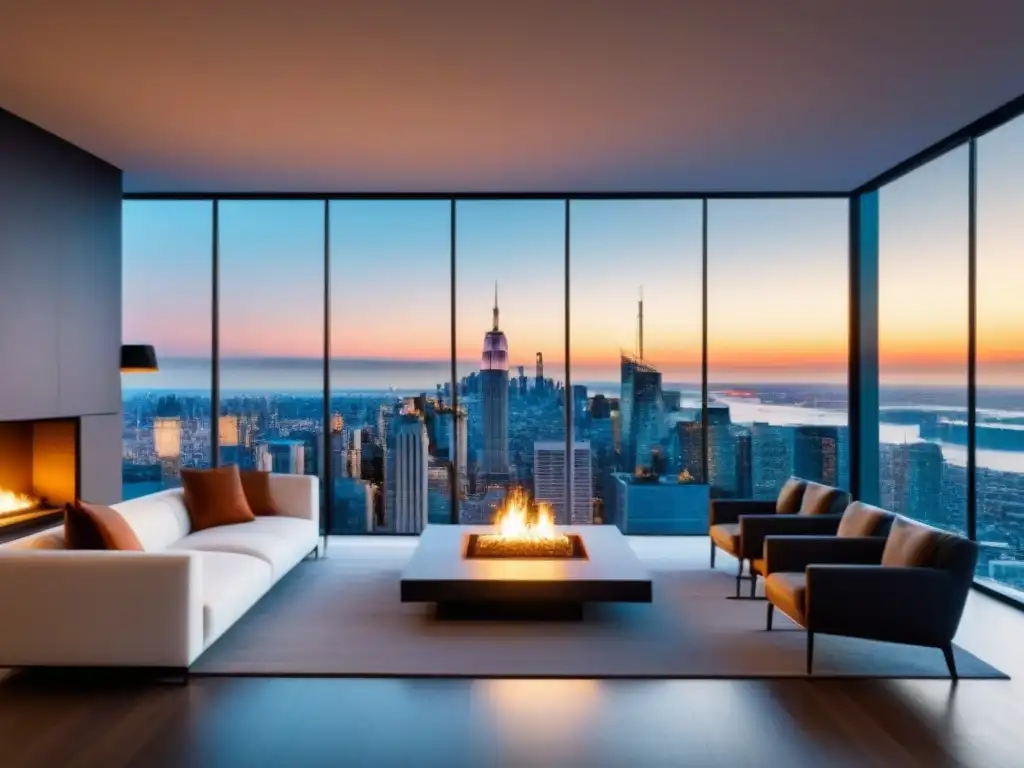Salón de lujo con arte abstracto y vista a la ciudad al atardecer Espectacular sala de estar moderna con arte abstracto, ventanales y chimenea acogedora al atardecer, ideal para inversores inmobiliarios