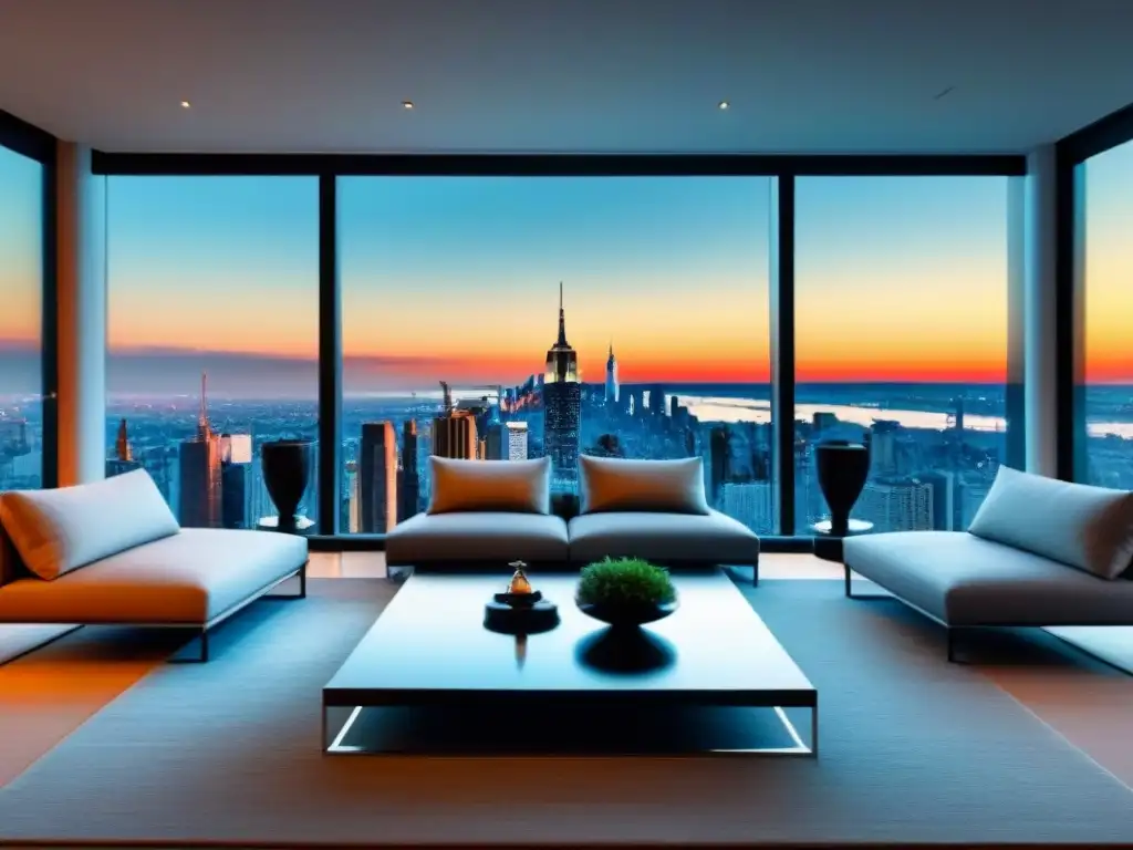 Salón moderno con vista urbana al atardecer Espectacular sala de estar moderna con elegante mesa de centro de cristal, sofás grises y cuadro abstracto