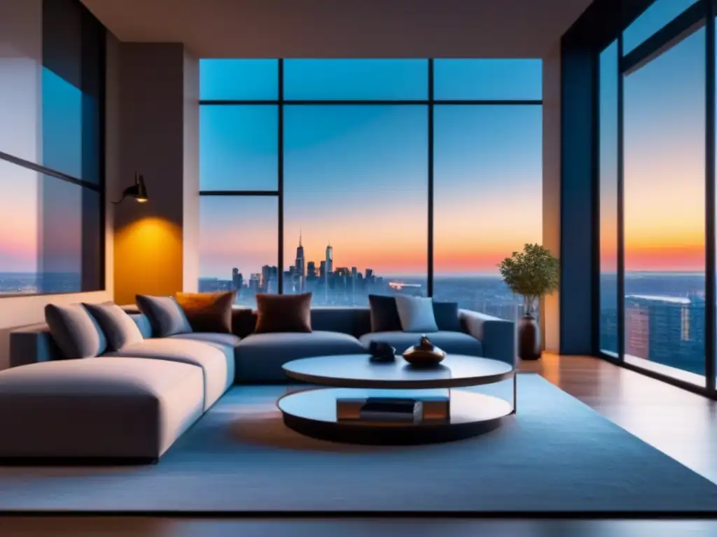 Salón de lujo con vista a la ciudad al atardecer Espectacular sala de estar moderna en propiedad de lujo con consejos mantenimiento propiedad de lujo